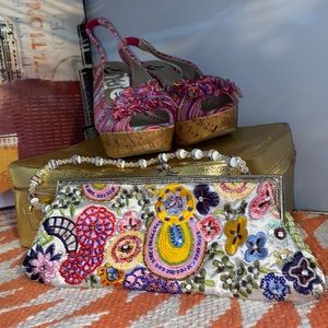 Patterned Wedge Sandals and Beaded bag